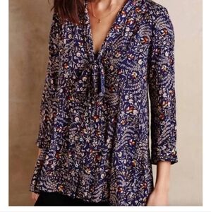 Anthropologie Maeve Tie Neck Swing Navy Floral Tunic Top XS 3/4 Sleeve